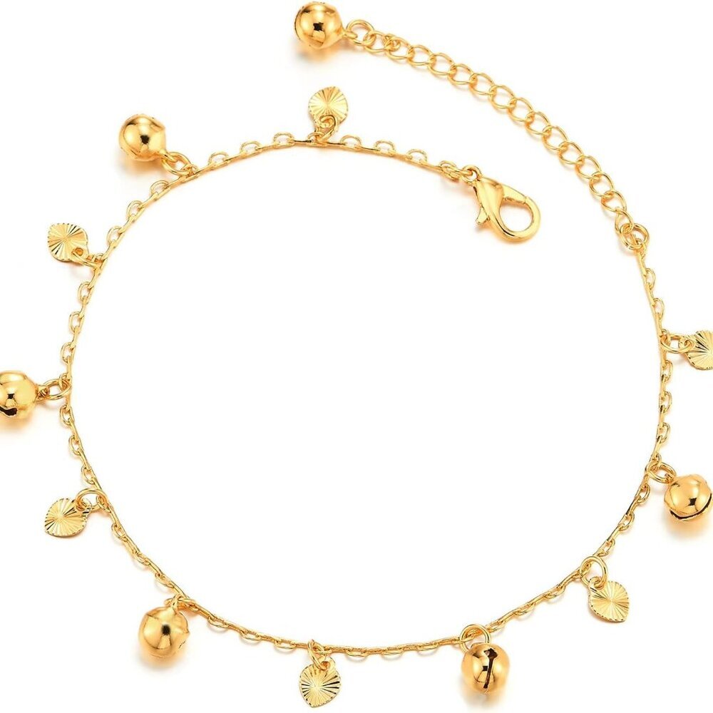 Beautiful Link Chain Anklet Bracelet with Dangling Grooved Hearts and Jingle Bel